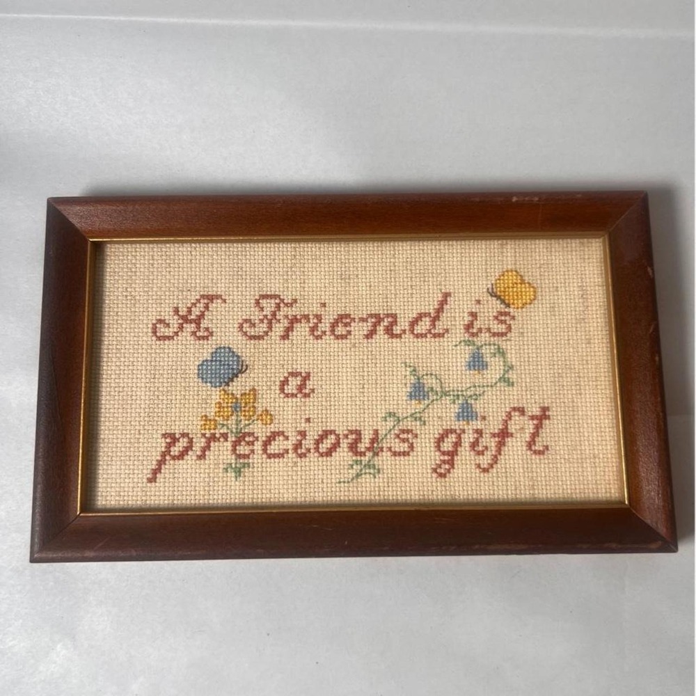 Vintage, Framed Handmade Cross-Stitch/Needlepoint |"A Friend is a Precious Gift"